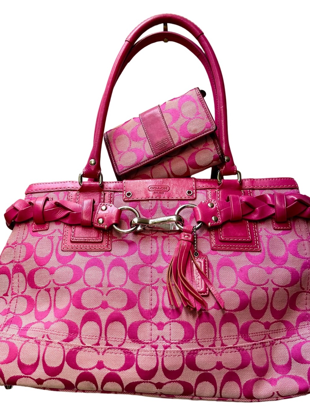 COACH Hampton Signature Canvas Braided Pink Leather Carryall Tote 
Style# F13068